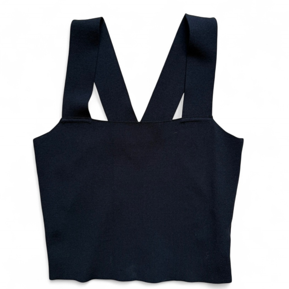 Black‎ Knit Tank Top Wide Strap V Back Structured Stretch Chic Y2K Small XS